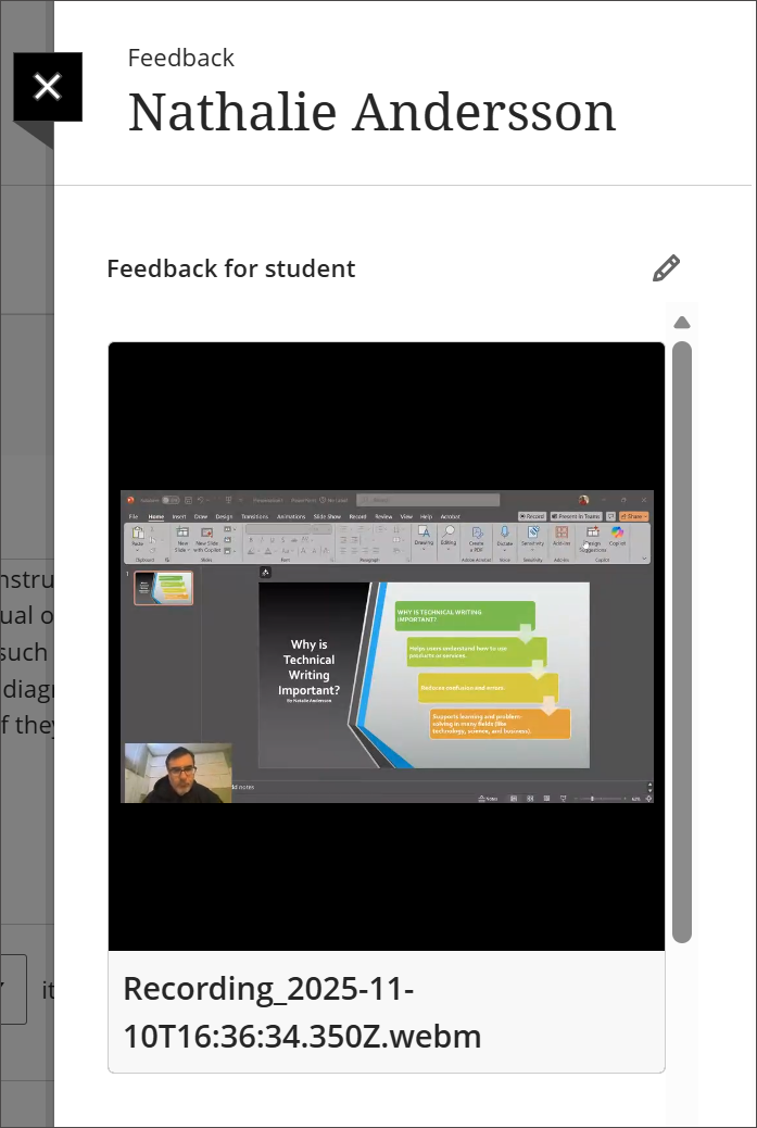 Video Studio recording of instructor giving feedback on a student PowerPoint slide. The recording is embedded in the Instructor Feedback on a Student Assignment.