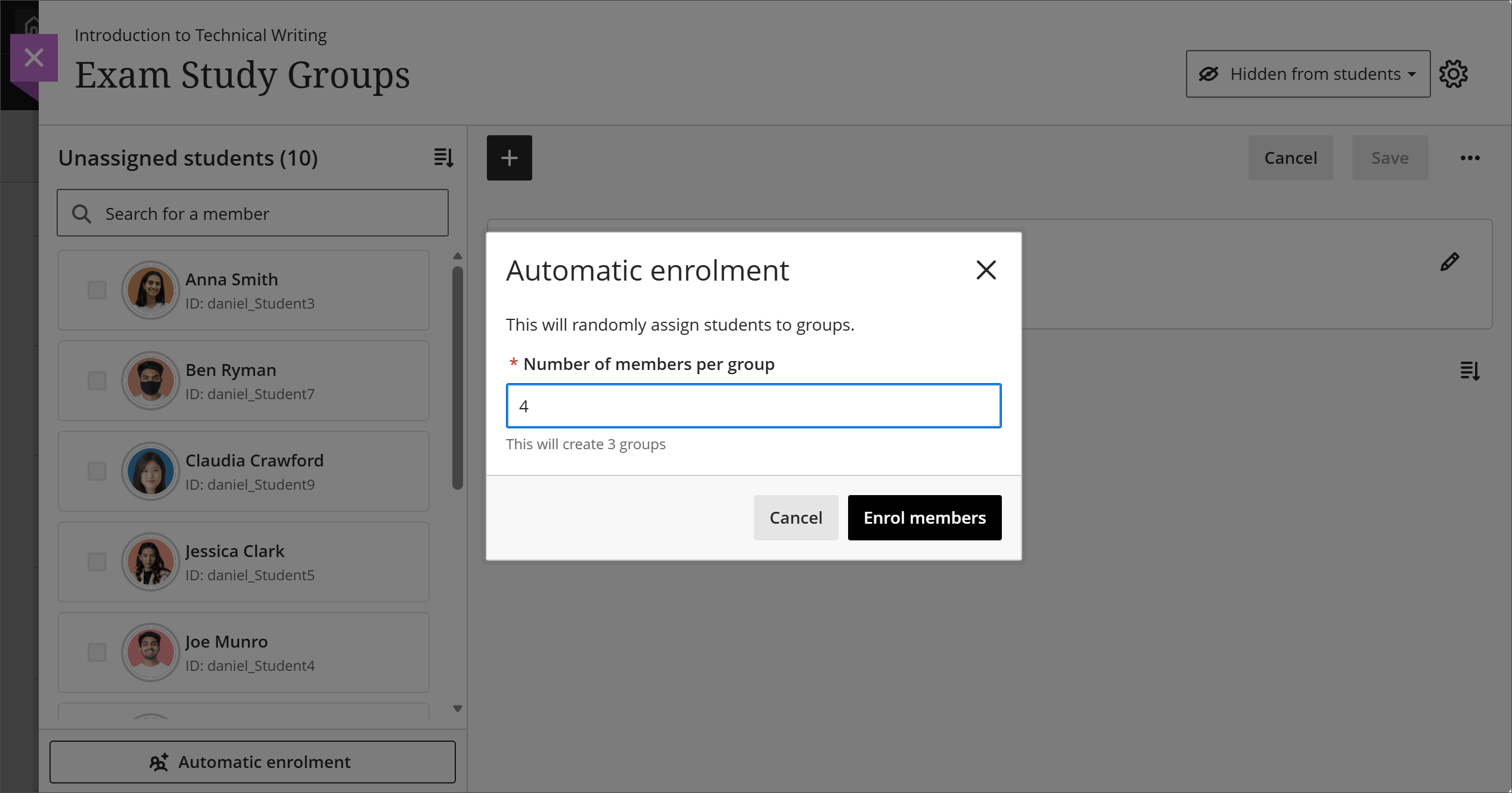 A new group set is being created called Exam Study Groups. The option for automatic enrollment has been selected, which opens a dialog box called Automatic enrollment. With instructions saying This will randomly assign students to groups, the required number field is labeled Number of members per group. The number 4 has been entered in the number field. Below the number field is text saying This will create 3 group. At the bottom corner of the dialog box, the buttons Enroll members or Cancel appear.