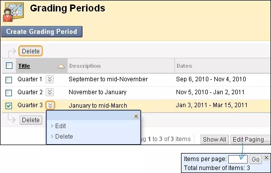 Grading Periods screen, showing that you can edit or delete grading periods