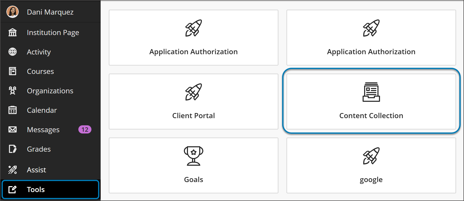 Tools page with Content Collection highlighted in blue. On the left panel is the base navigation with the Tools option highlighted in blue.