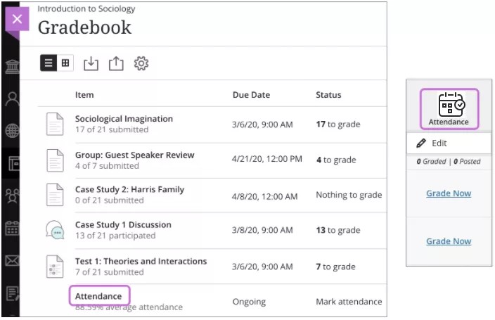 Access attendance from the gradebook