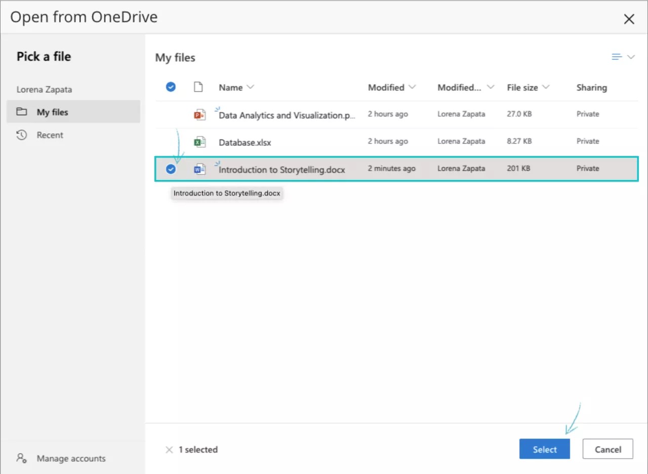 OneDrive space with a list of OneDrive files. The desired Word file is highlighted in blue.