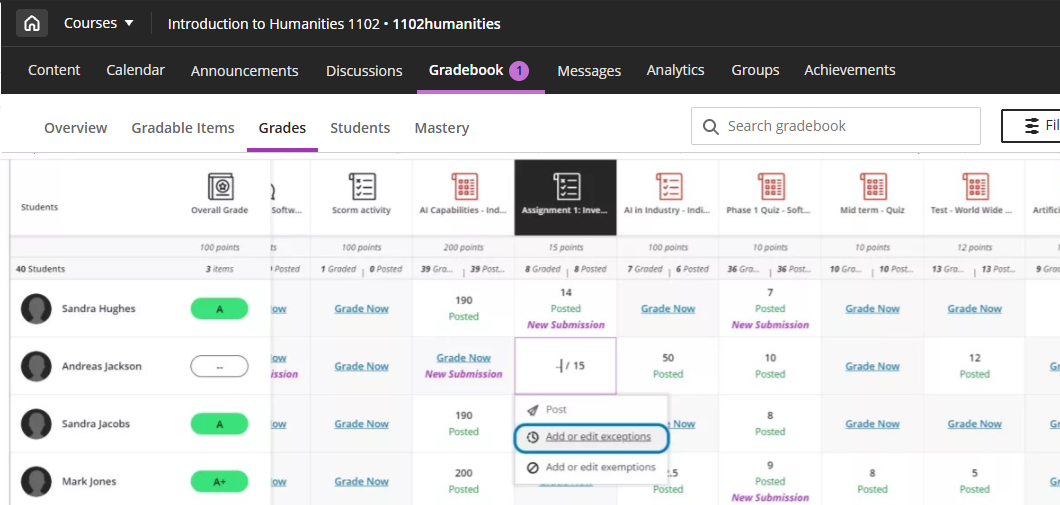 The assignment menu is displayed, where the second option is "add or edit exceptions".