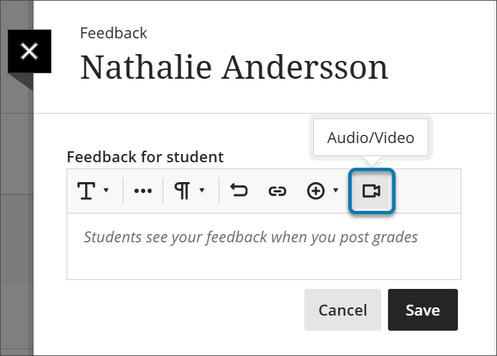 Feedback panel for Nathalie Andersson, showing the content editor with the Audio/Video button highlighted with a box. Text in the editor reads "Students see your feedback when you post grades" and there are Cancel and Save buttons at the bottom.