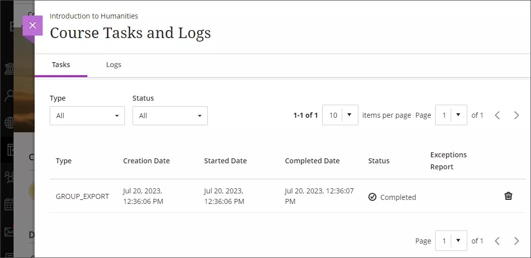 The Course Tasks and Logs panel