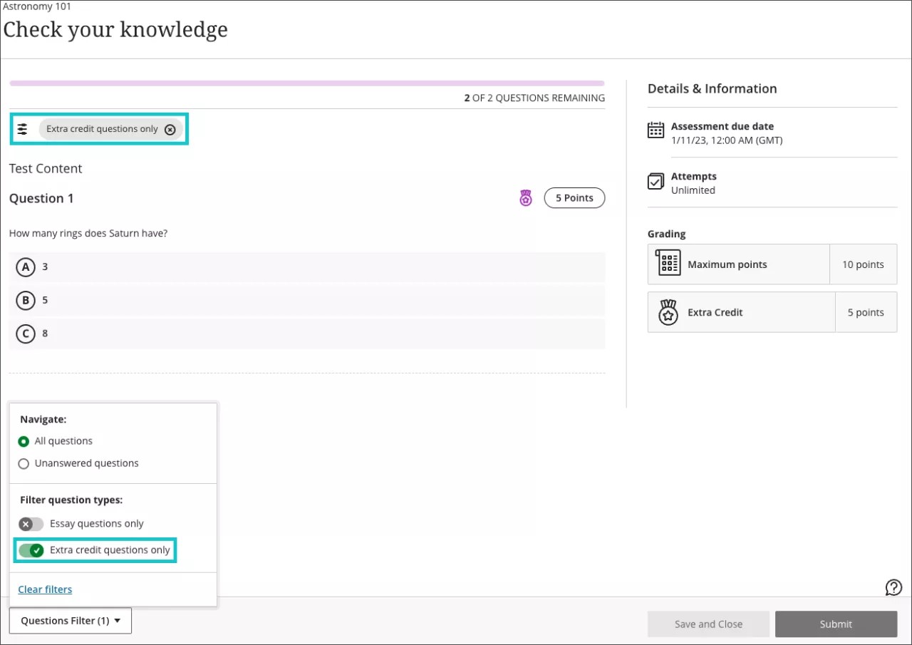 Student view – students can identify which questions are extra credit and the total amount of extra credit available on the assessment.