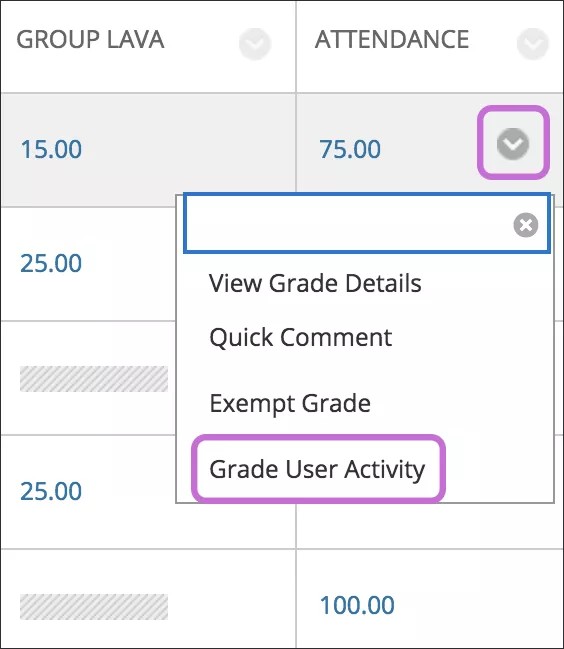 Open a cell's menu and select Grade User Activity to view a summary of a student's overall attendance records.