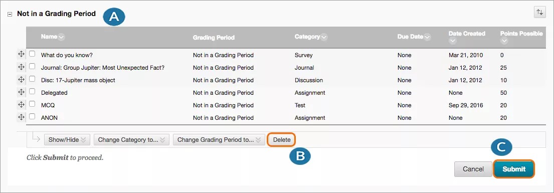 Columns on the grading page