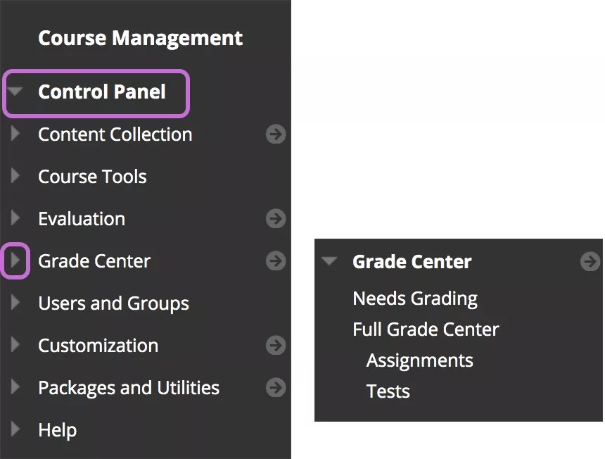 On the left, the control panel with the arrow next to Grade Center highlighted in purple. On the right, the Grade Center menu expanded.