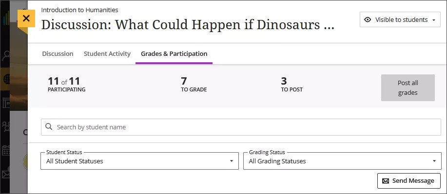 Image of the top of the Grades & Participation page, showing that 11 students are participating in the discussion