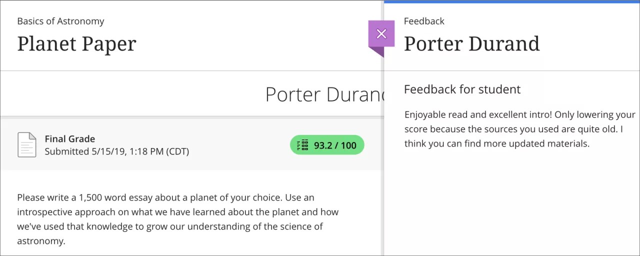 An example submission from the Student's view is open with a 1) final grade assigned and displayed and 2) the feedback panel opened with a text on it.