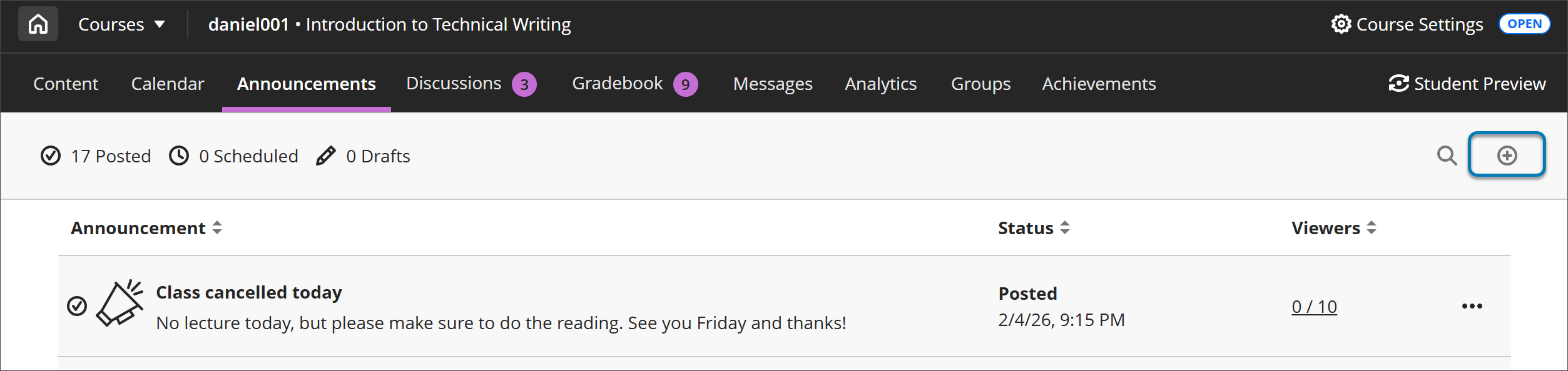 Create announcement button highlighted on the Announcements page