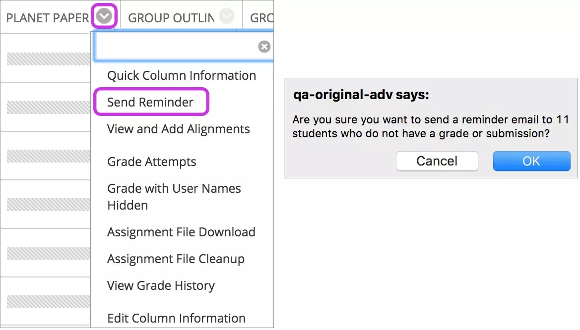 On the left, the grade column menu is highlighted and expanded. In that menu, the option to Send Reminder is highlighted. On the right, the verification message is displayed asking if you are sure you want to send the message.