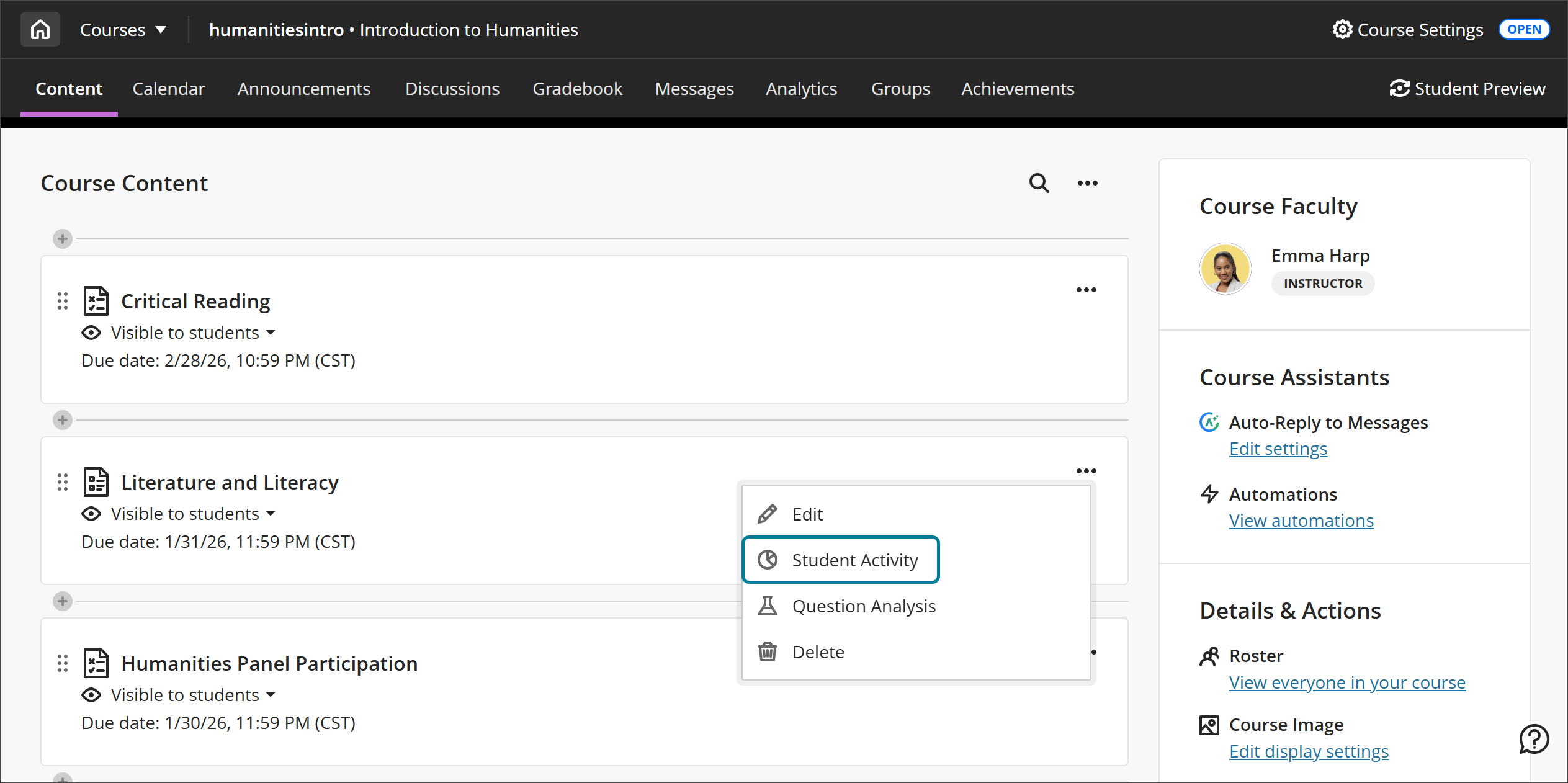 The Course Content page, with the dropdown menu for the Literature and Literacy assessment expanded and the Student Activity option highlighted with a box