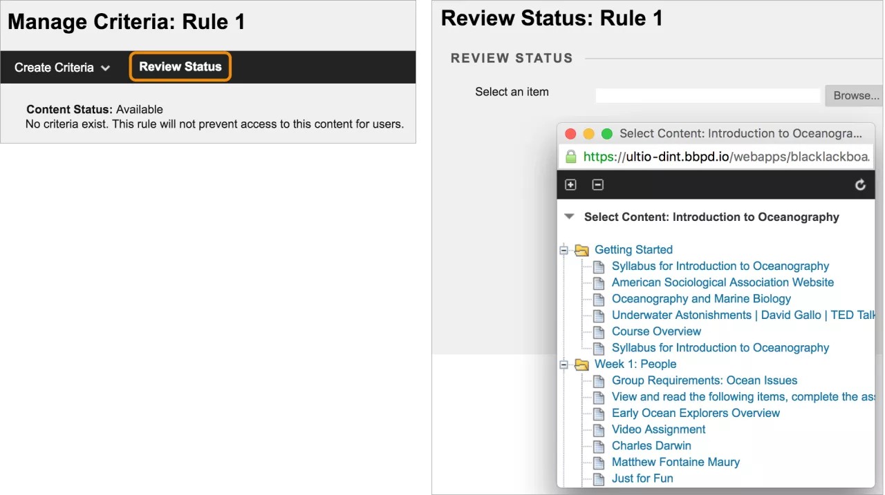 On the left, the window shows the Manage Criteria page with Review Status highlighted in orange. On the right, the window shows the Review Status page with the course map open.