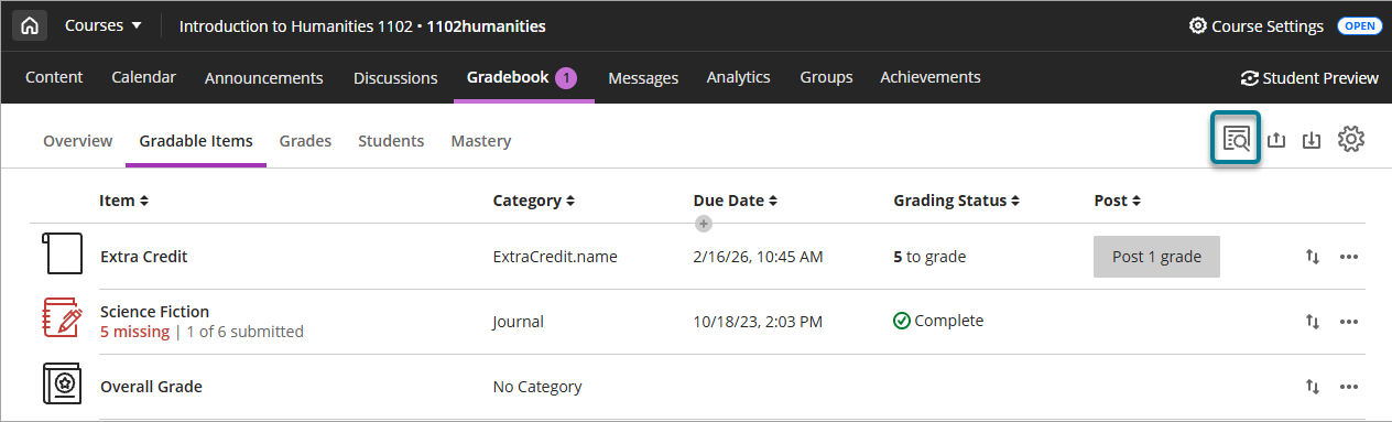 Submission receipt icon at the top of the gradebook.