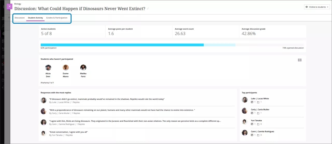 Image of the class level student activity tab