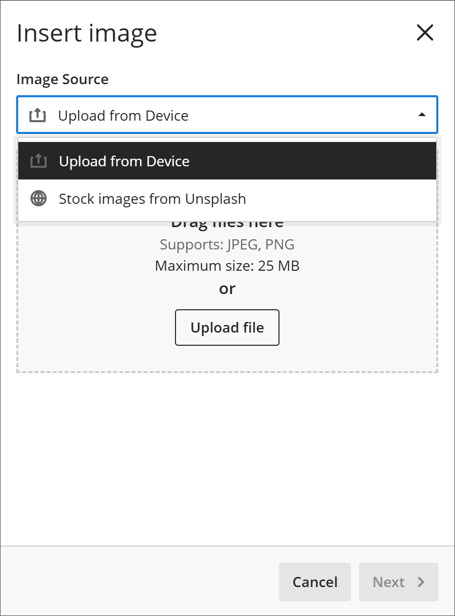 Image of the Display Settings panel, with the window up for uploading an image