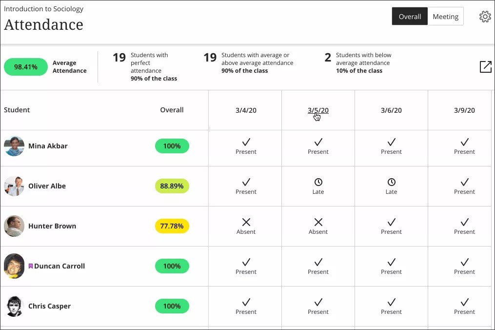 Insert a meeting column anywhere on the attendance page