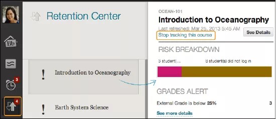 Retention Center screen showing where you can track individual courses