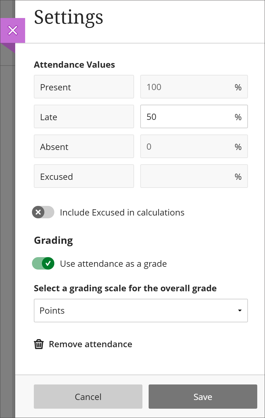 The Attendance Settings panel is open showing options for Attendance Values and Grading.