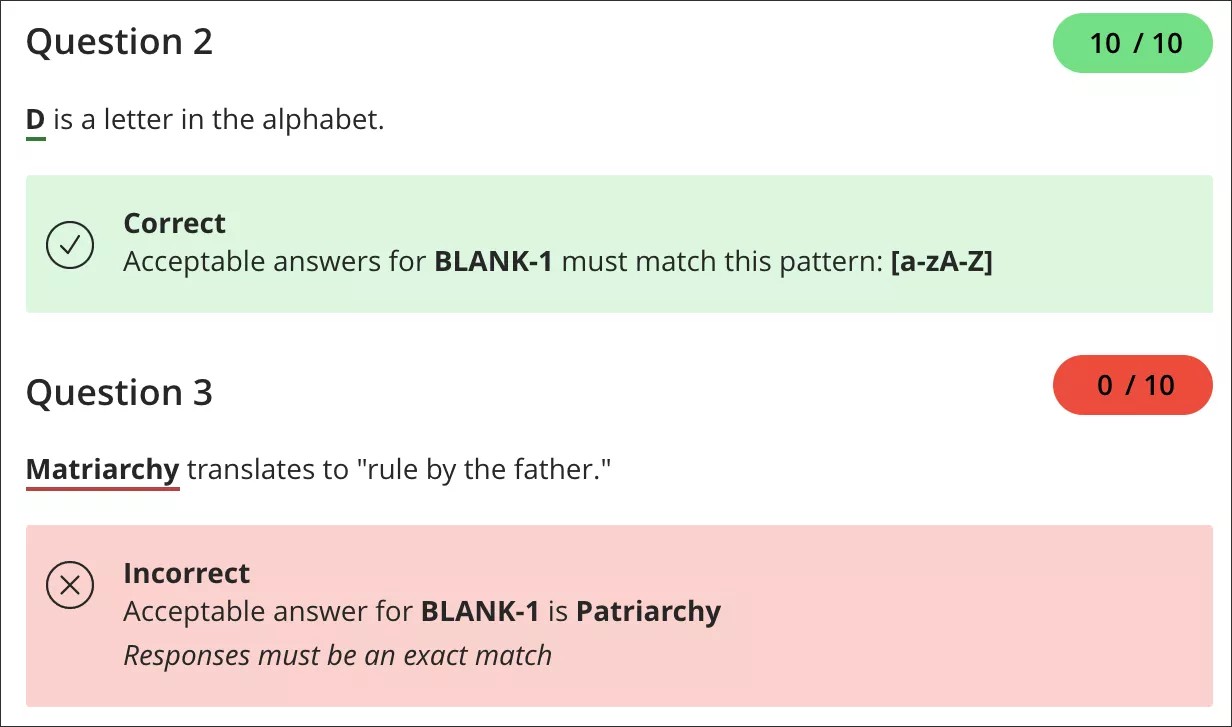 Example of a correct or incorrect answer and points given to student.