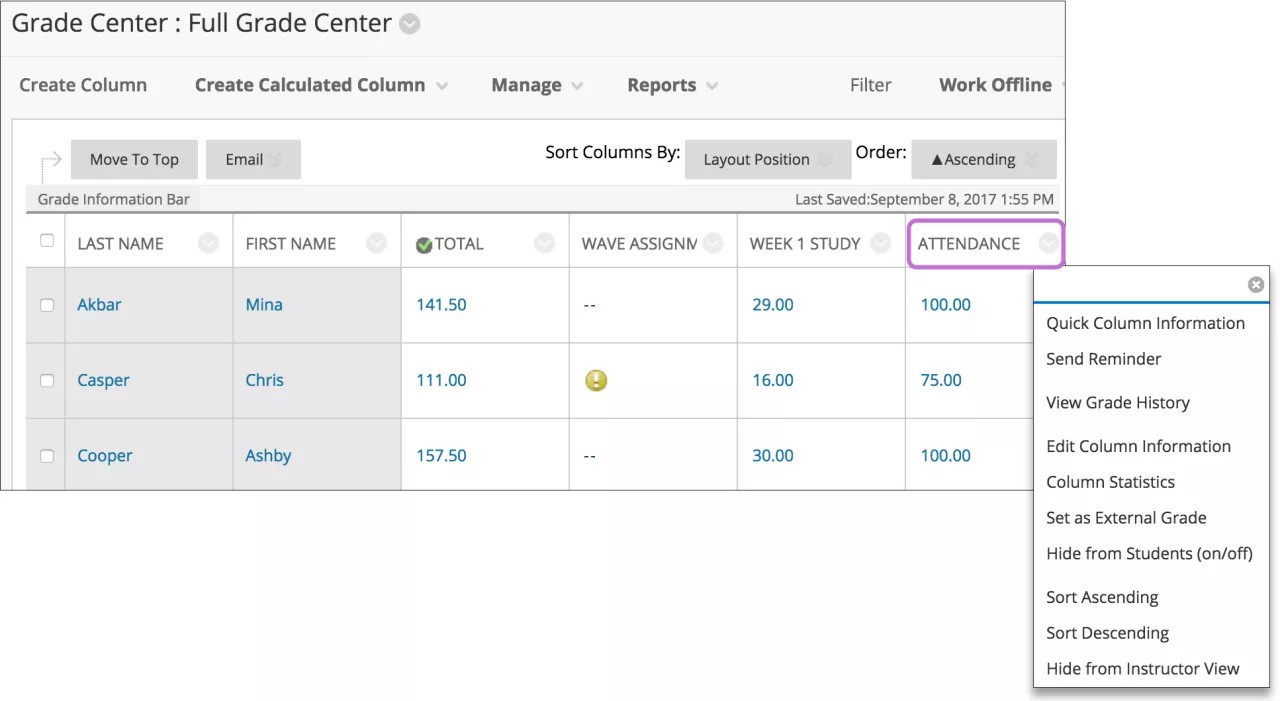 Select the caret next to Attendance to display options