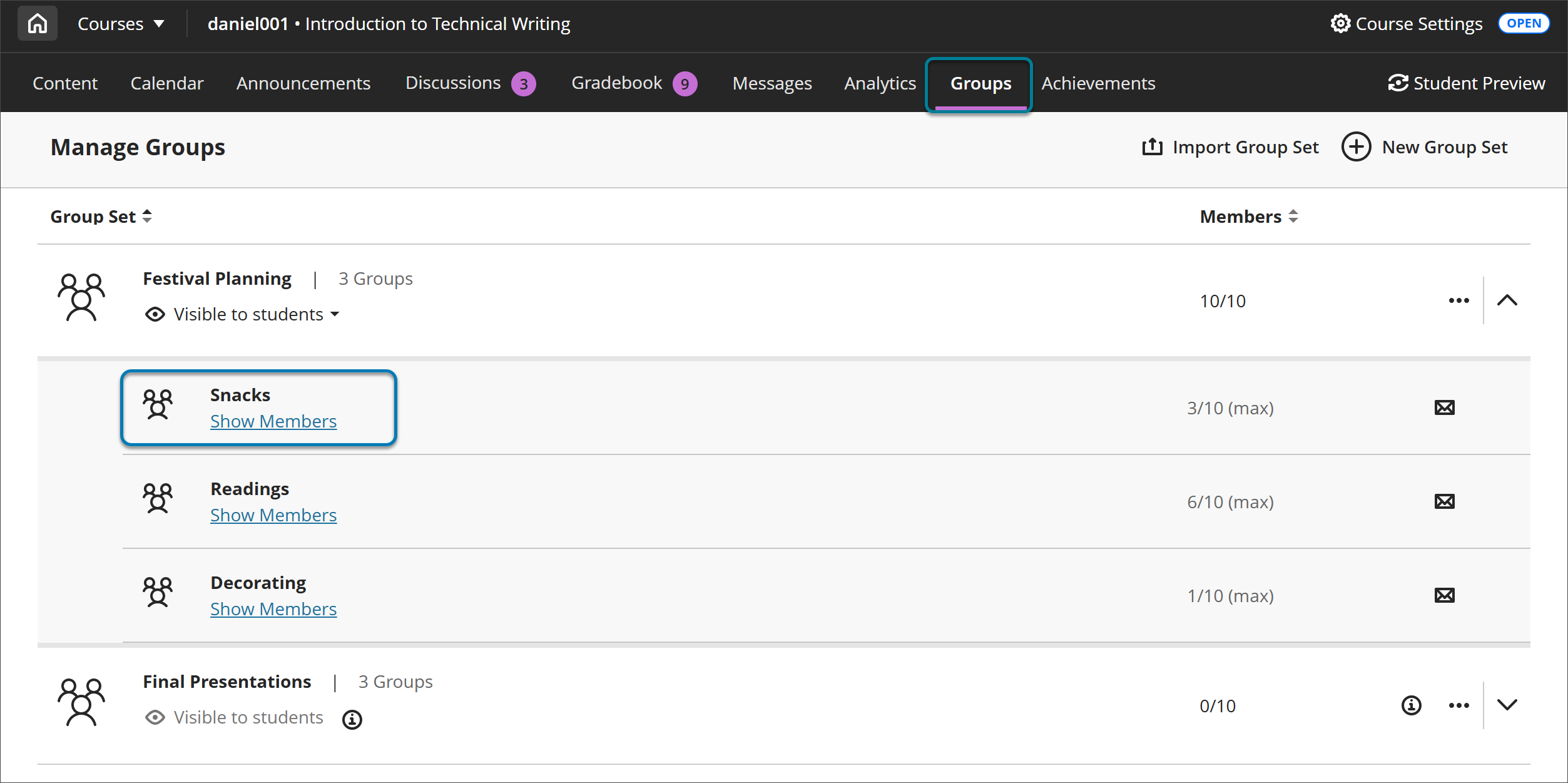 Image of the Groups page. There is a blue square around the name of a group.