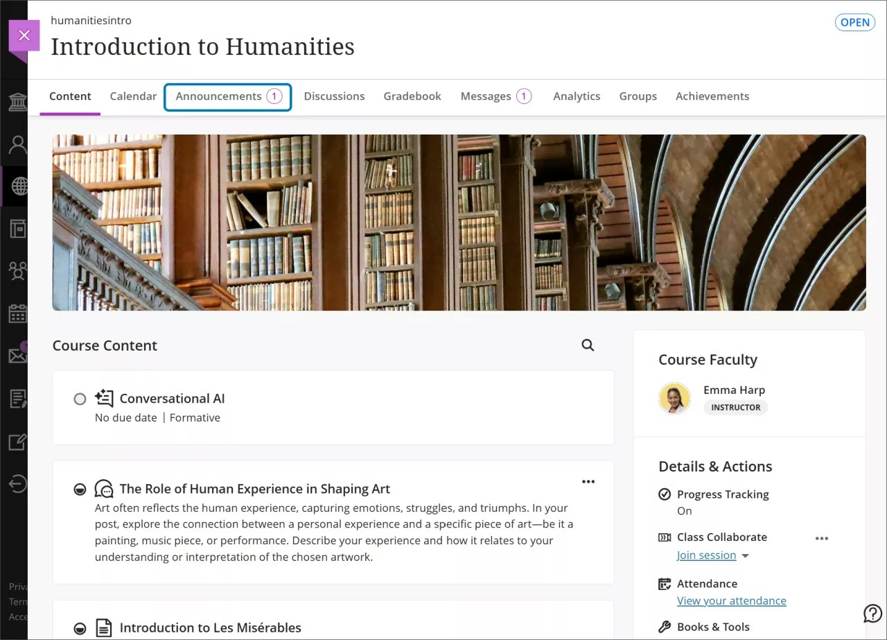 A purple 1 within a circle shown beside the Announcements tab on the Course Content page
