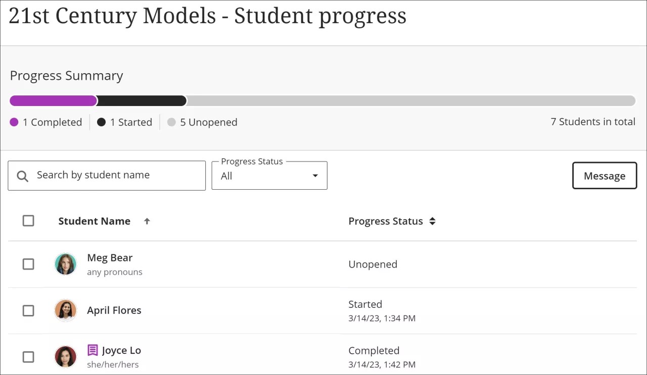 The Student Progress tab underlined in purple beneath the name of the course content.