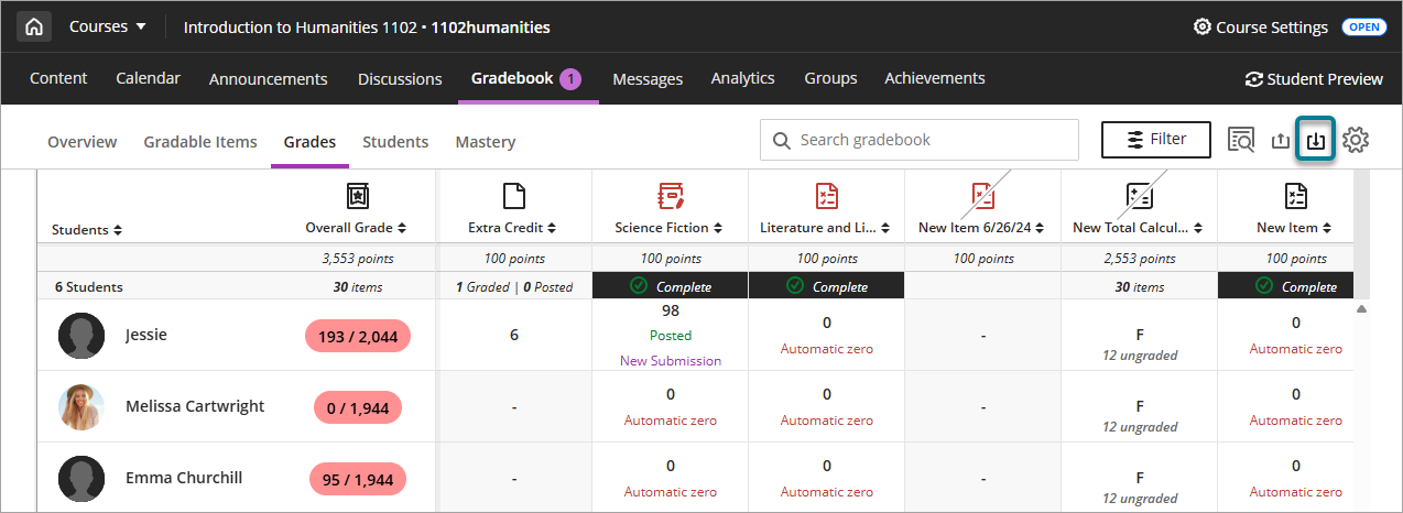 Download grades icon at the top of the gradebook.