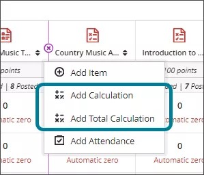 Calculation options in the grade column menu