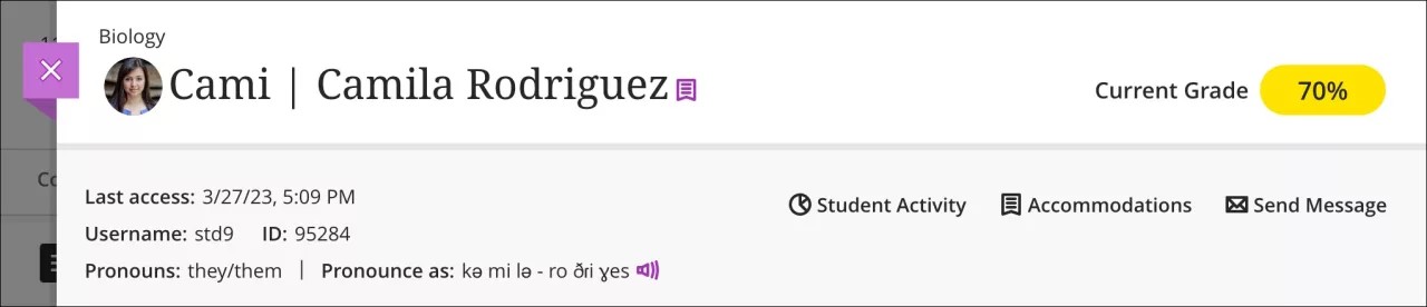 Imagen del encabezado de Información de estudiante, que muestra información adicional del estudiante y botones para otras funciones.