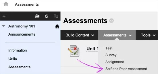 Para crear una evaluación, seleccione Evaluaciones y, a continuación, seleccione Autoevaluación y evaluación de los compañeros/de un compañero.