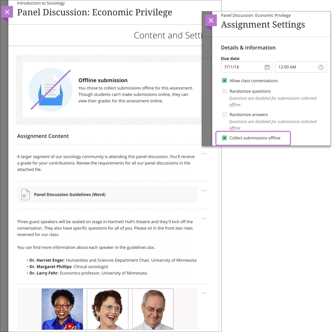La página Actividad está abierta con 1) el panel de configuración de la actividad en la pantalla y 2) la opción "Recibir entregas fuera de plataforma" seleccionada y resaltada.