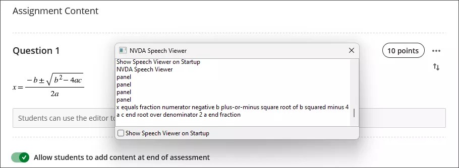Imagen de un lector de pantalla traduciendo una fórmula renderizada a texto