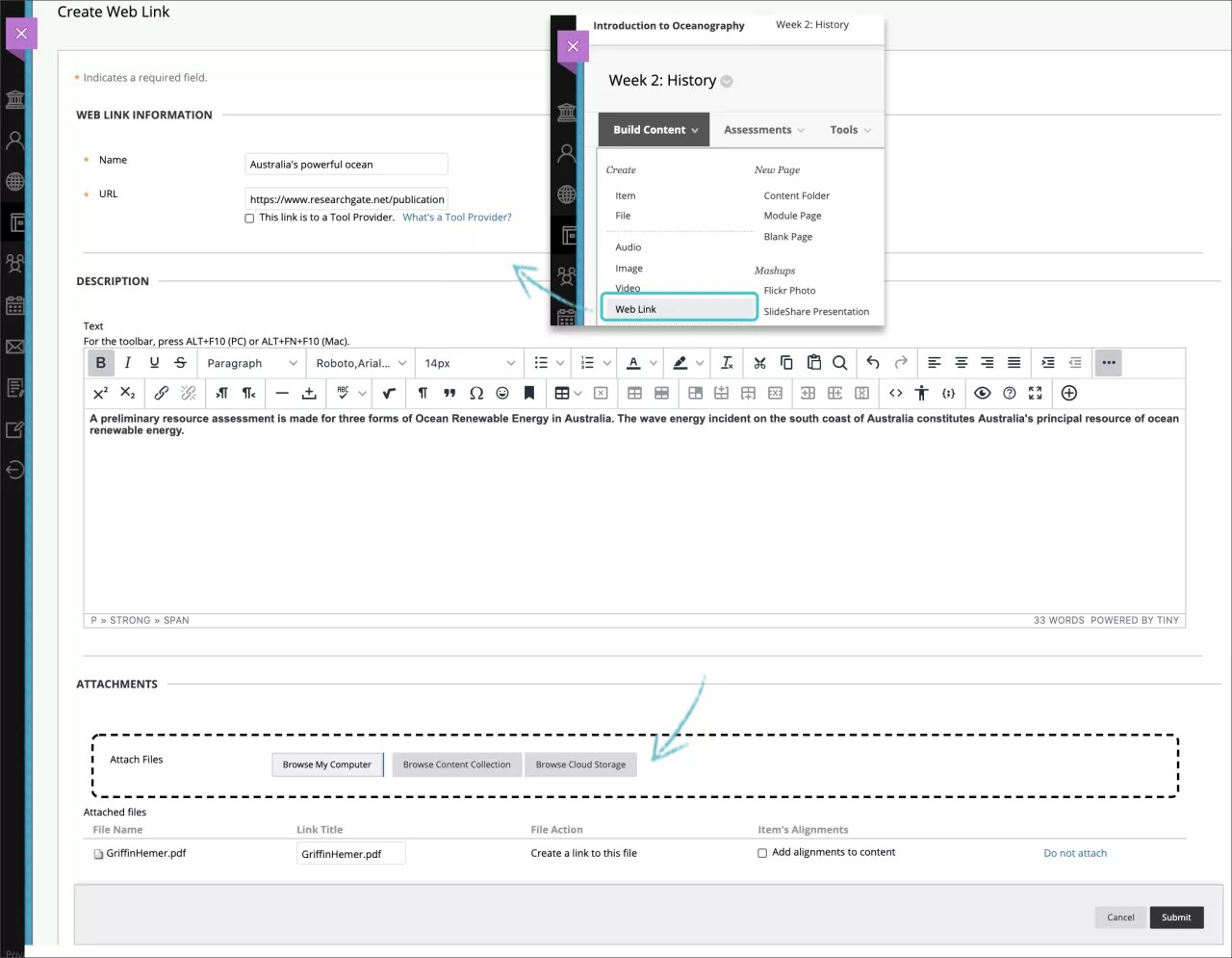 Funciones en el editor, donde puede insertar un enlace a un sitio web.
