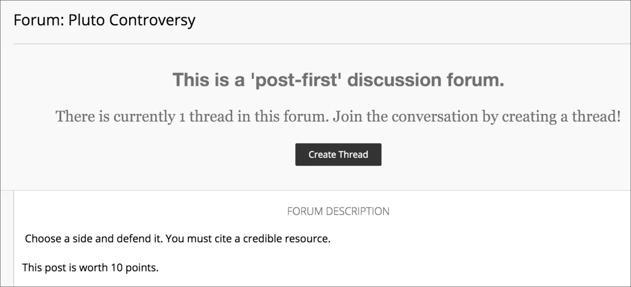 Un foro que indica "Este es un foro de discusión 'post-first'." con un botón Crear cadena.