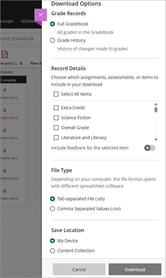 Descargar calificaciones con la opción Historial de calificaciones