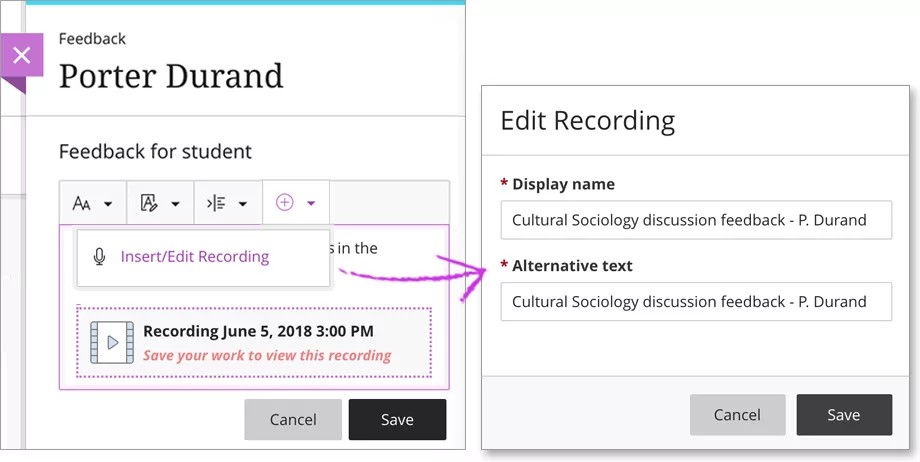Panel de comentarios con una grabación adjunta. La opción Insertar/Editar grabación incluye una flecha anotada que señala la pantalla Editar grabación, mostrando que esta ventana se abre si selecciona Insertar/Editar grabación.
