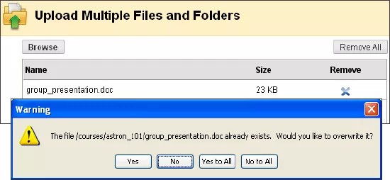Les fenêtres de téléchargement de plusieurs fichiers et dossiers avec le message « Le fichier /courses/astron_101/gourp_presentation.doc existe déjà. Aimeriez-vous l'écriter ?» et les boutons Oui, Non, Oui à Tous et Non à Tous en bas. Nommez le nouveau fichier de manière à ce qu'il corresponde exactement au nom du fichier que vous souhaitez remplacer dans Fichiers de cours.