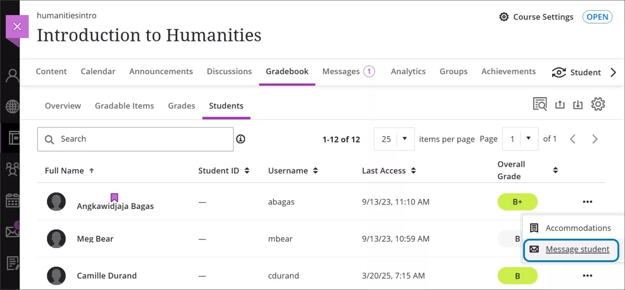 Menu Plus d'options à côté du nom de l'étudiant dans le relevé de notes, avec option Envoyer un message mise en surbrillance