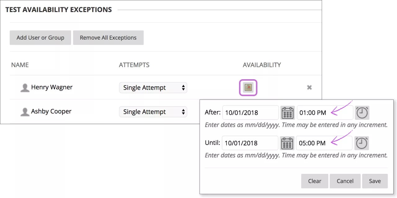Options d'exceptions de disponibilité des tests