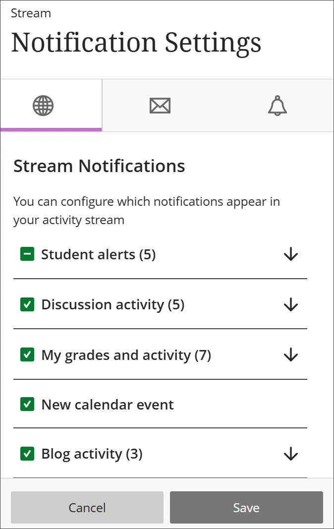 Paramètres de notification sur la page Activité