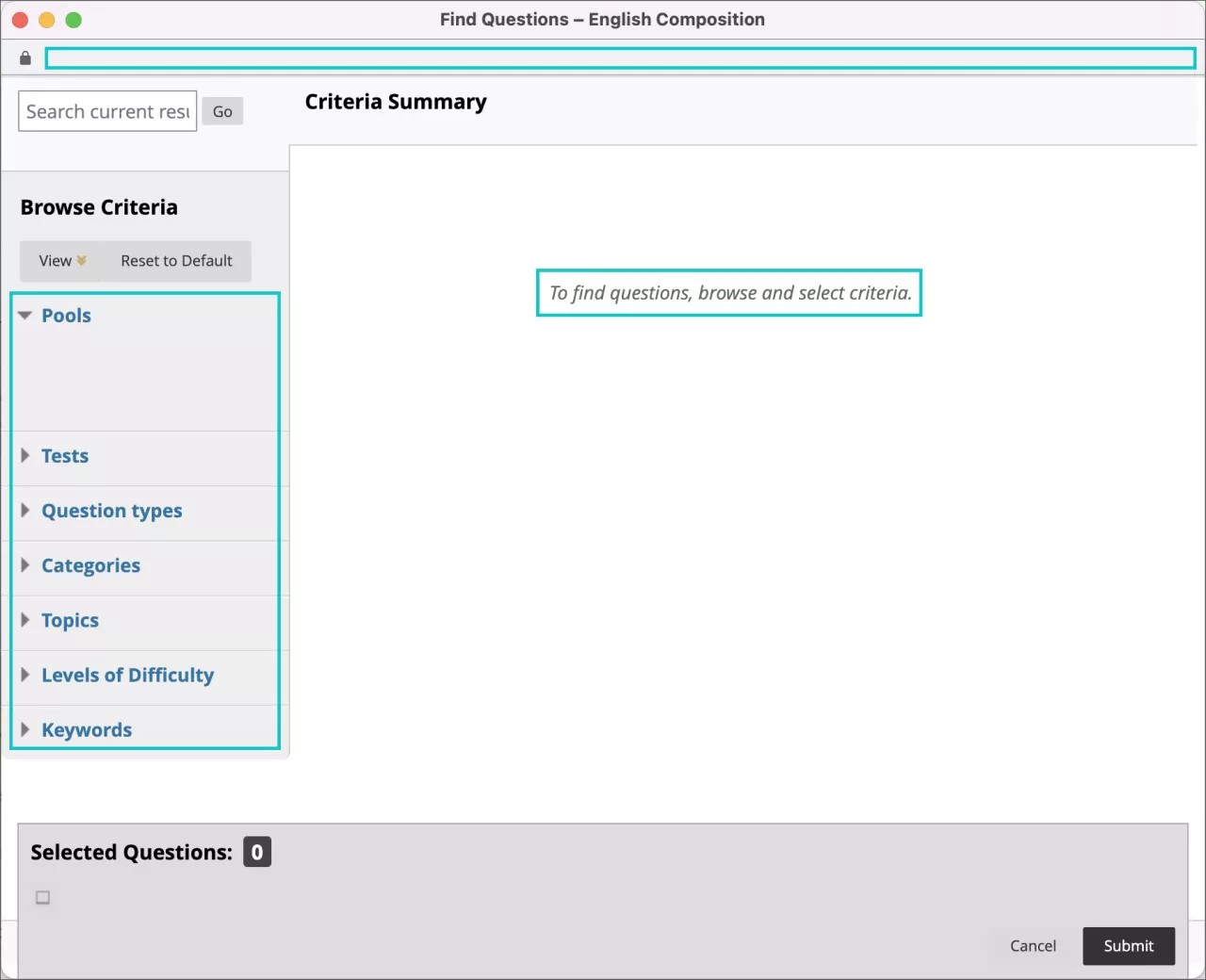 Vue initiale des questions disponibles pour réutilisation. La liste apparaît vide par défaut et les professeurs doivent sélectionner les critères et les sources initiaux pour visualiser la liste filtrée de questions qu'ils souhaitent.