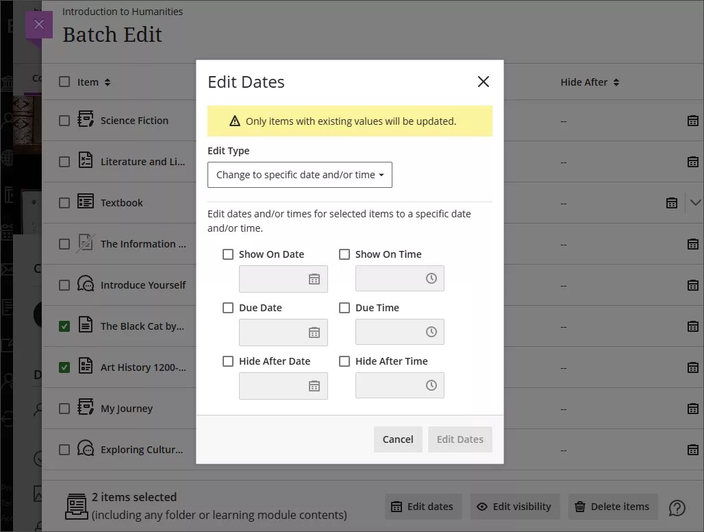 Modification de l'option de date et/ou d'heure spécifique pour la modification par lot
