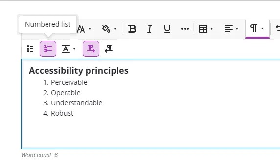 Liste numérotée Principes d'accessibilité 1. Perceptible 2. Opérable 3. compréhensible 4. Nombre de mots robuste : 6