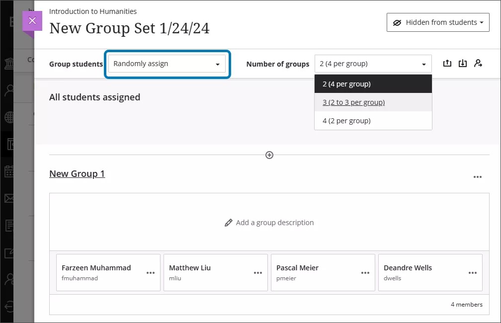 La page Ensemble de groupes avec l'option « Attribuer au hasard » est sélectionnée pour « Grouper les étudiants ». Le menu déroulant Nombre de groupes indique le nombre de groupes dans lesquels vous pouvez répartir les étudiants.