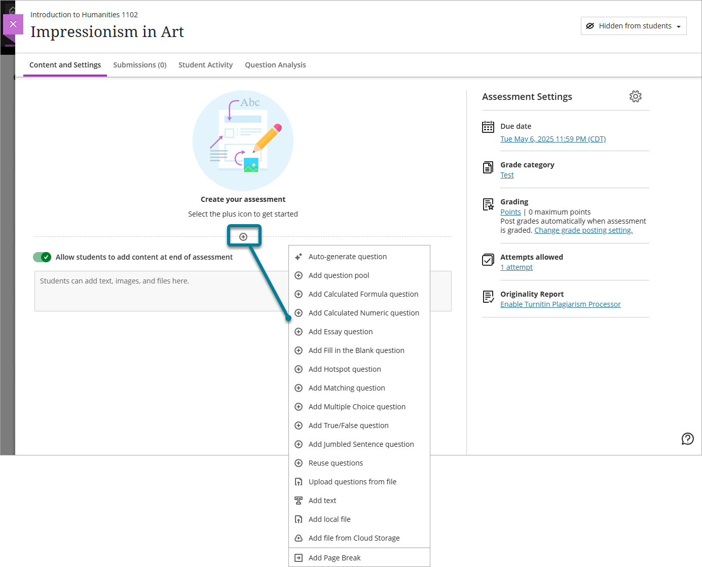 Ajouter un élément de menu de questions de type Point actif à choisir dans le menu Types de questions
