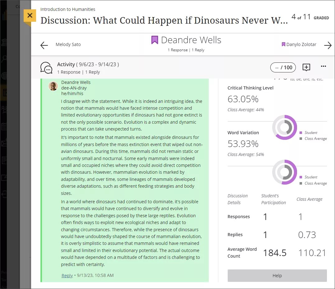 Capture d'écran de la réponse d'un étudiant à une discussion, avec l'analyse de la discussion sur le côté droit